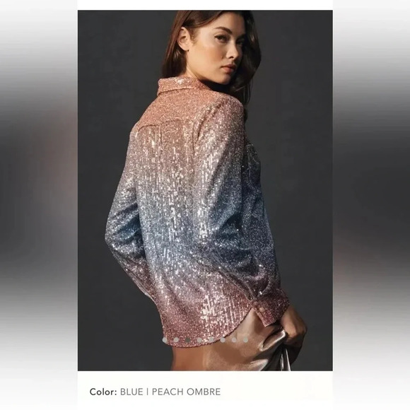 NWT new Anthropologie ombré sequin button down shirt XS blue peach pastel - Picture 7 of 17